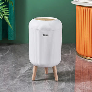 Round High-Press Trash Bin with Wood Grain Lid