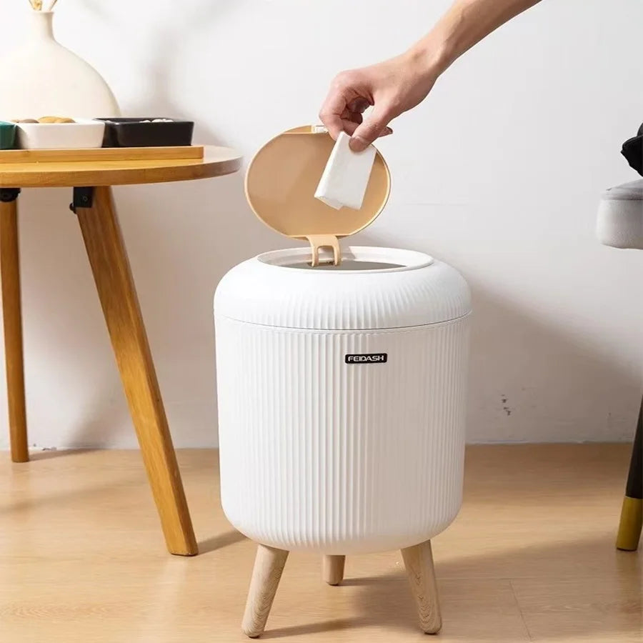 Round High-Press Trash Bin with Wood Grain Lid