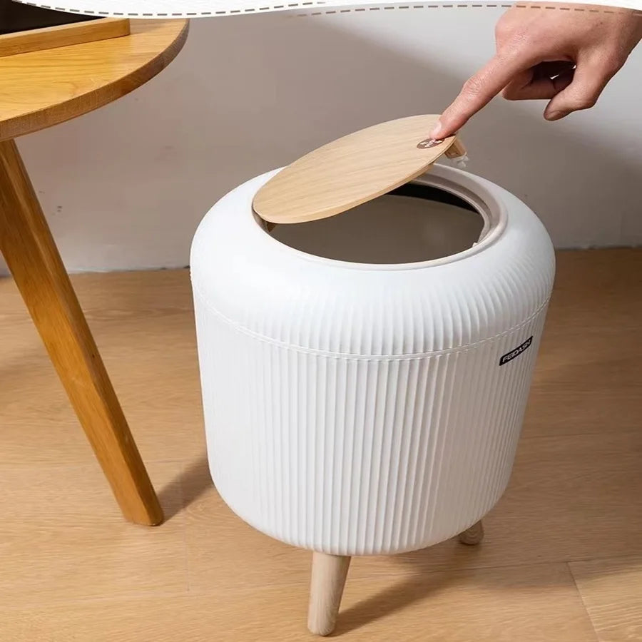 Round High-Press Trash Bin with Wood Grain Lid